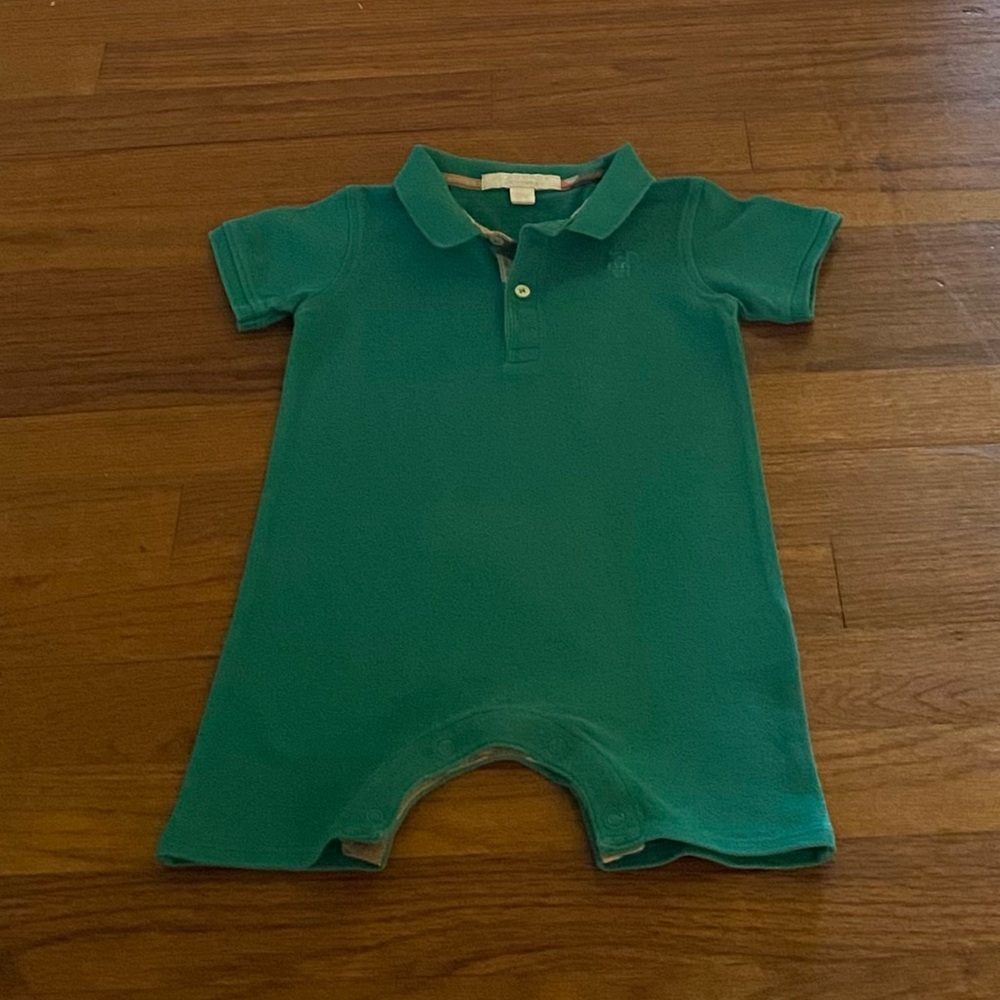 Burberry Green Polo Pique One-Piece Bodysuit with Embroidered logo